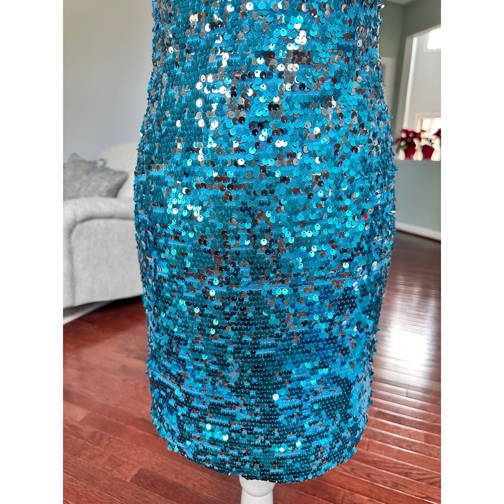 Tony Bowls Blue One Shoulder Fully Sequined Embellished Cocktail Party Dress - Picture 4 of 11